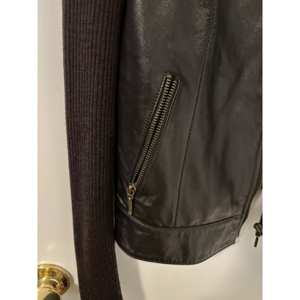 Cache Brown Leather Jacket Ribbed Knit Sleeves Boho Feminine Size L - Picture 3 of 6